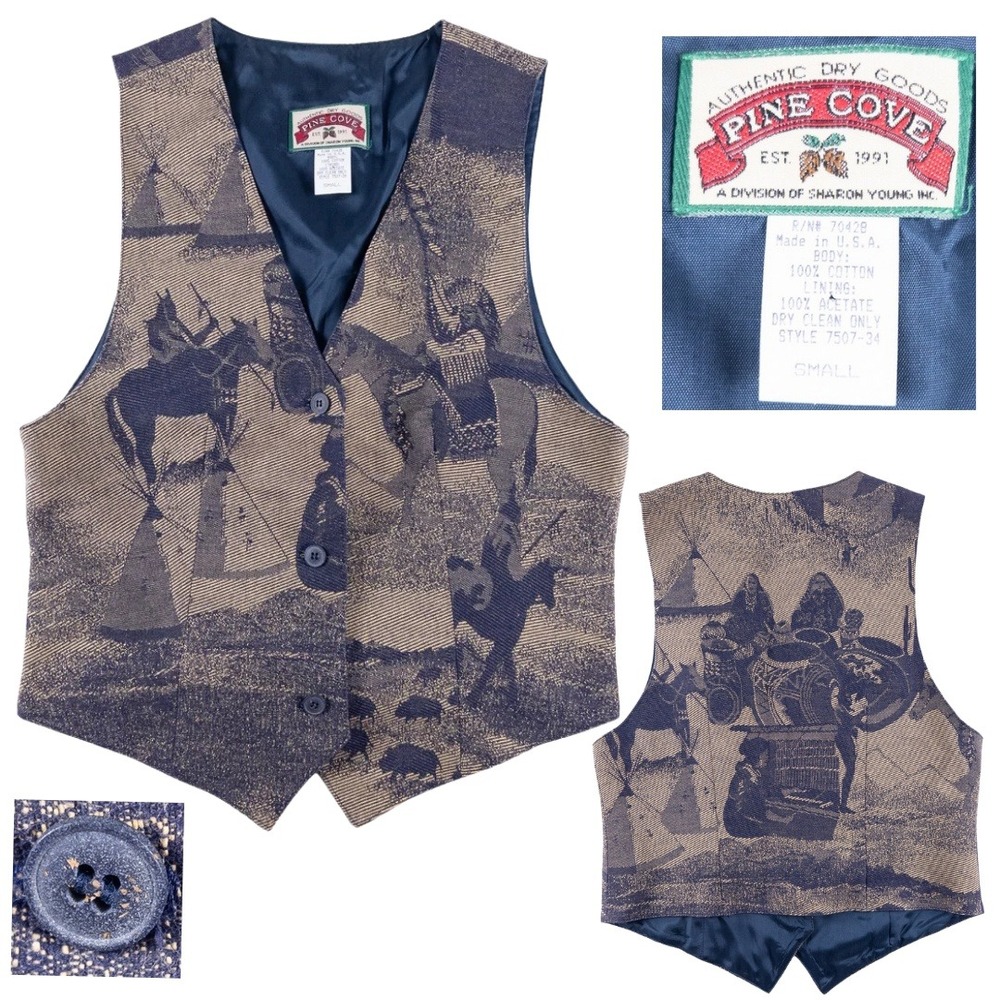 Vintage Tapestry Vest Small Blue Tan Native American Horse Western USA Pine Cove